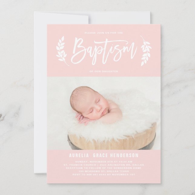 Laurel Wreath Blush Pink Photo Baptism Invitation (Front)