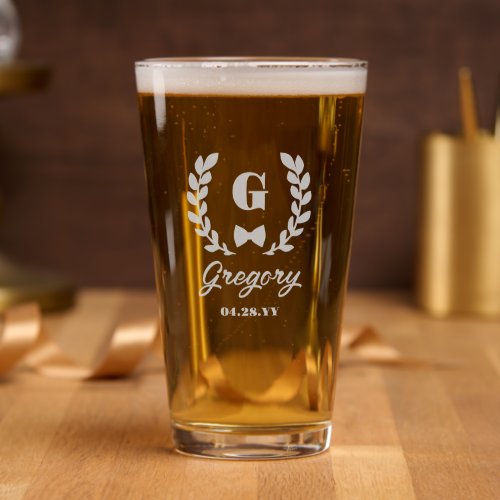 Laurel Wreath Bow Tie Monogram  Name Wedding Pint Glass