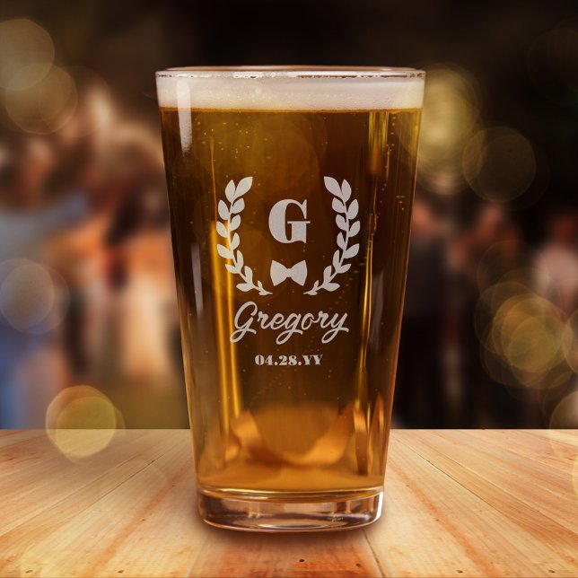 Laurel Wreath Bow Tie Monogram & Name Wedding Pint Glass (Creator Uploaded)