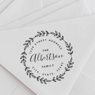 Laurel Wreath Circular Family Name Return Address Rubber Stamp