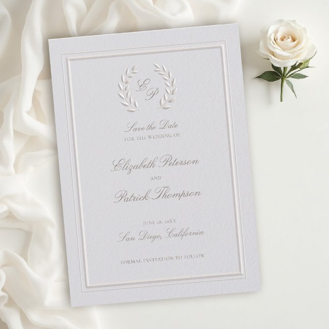 Laurel Wreath Crest Frame Classic Formal Wedding Save The Date (classic wedding save the date card template formal modern traditional double frame laurel wreath)