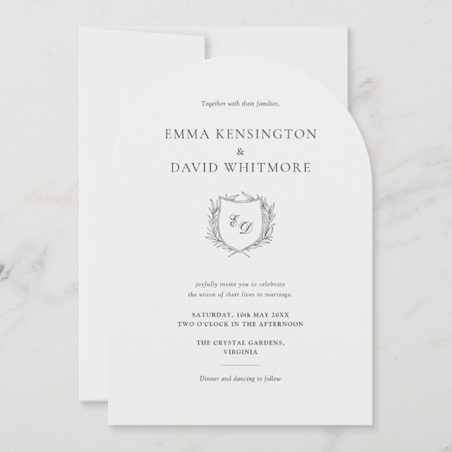 Laurel Wreath Crest Minimalist Arch Style Wedding Invitation (Front)