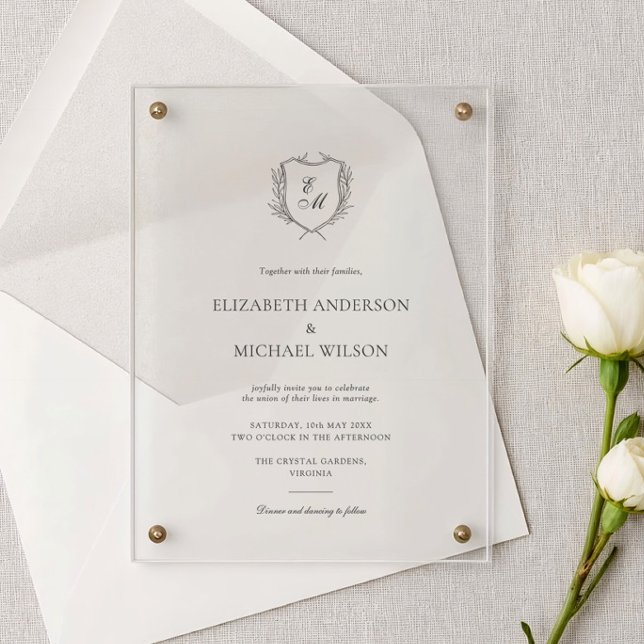 Laurel Wreath Crest Minimalist Classic Wedding Acrylic Invitations (Creator Uploaded)