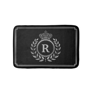Laurel Wreath Crown Monogrammed Silver Black Royal Bath Mat