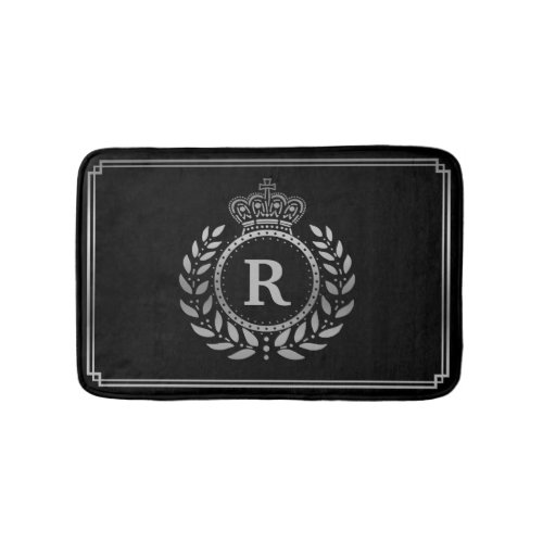 Laurel Wreath Crown Monogrammed Silver Black Royal Bath Mat