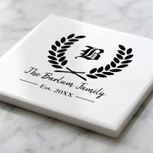 Laurel Wreath Family Monogram Ceramic Tile