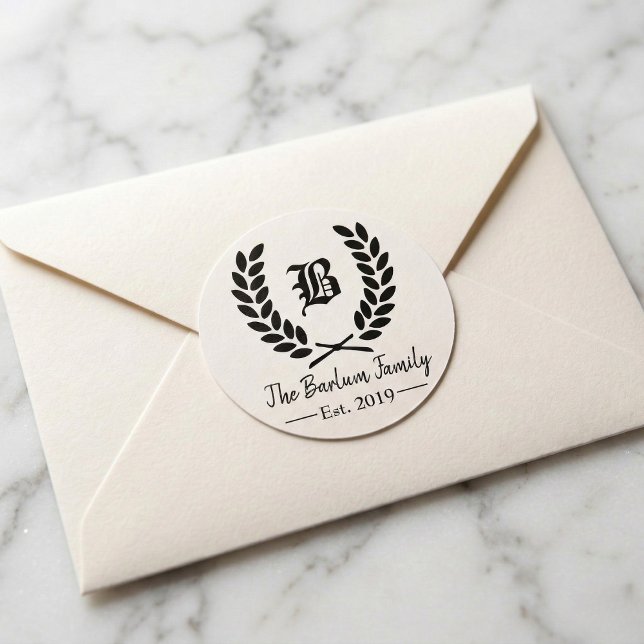 Laurel Wreath Family Monogram Classic Round Sticker (Custom Family Name Monogram Classic Round Stickers)