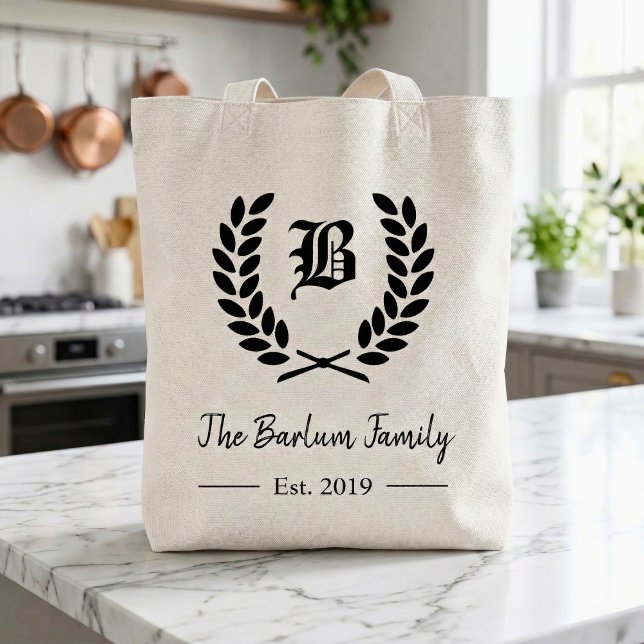Laurel Wreath Family Monogram Tote Bag (Personalized Family Name Monogram Tote Bag )