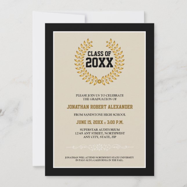 Laurel Wreath Graduation Announcement (black) (Front)