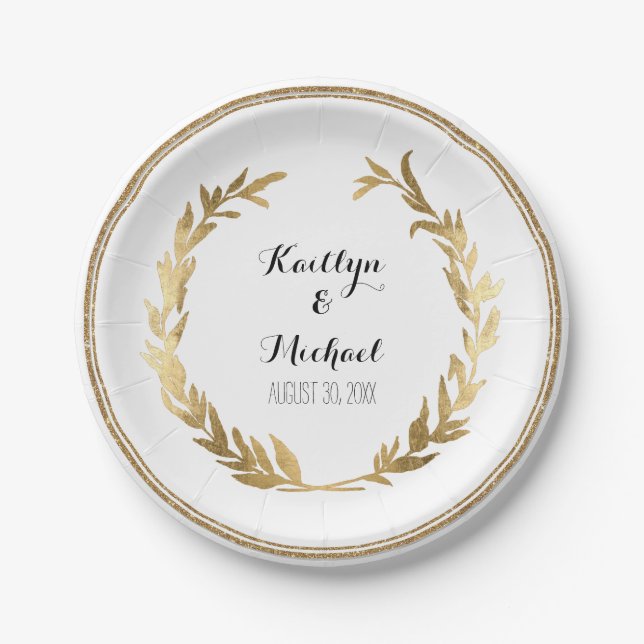 Laurel Wreath Leaf Foliage Greenery Gold Foil Paper Plates (Front)