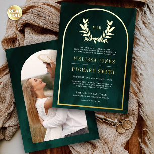 Laurel Wreath Leaves Emerald Green Wedding Gold Foil Invitation