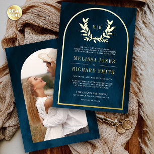 Laurel Wreath Leaves Ocean Blue Wedding Gold Foil Invitation