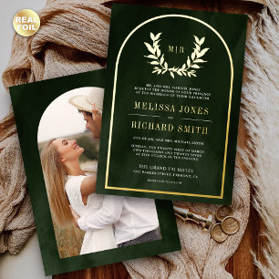 Laurel Wreath Leaves Olive Green Wedding Gold Foil Invitation