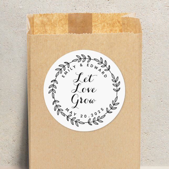 Laurel Wreath Let Love Grow Wedding Favor Classic Round Sticker (Creator Uploaded)