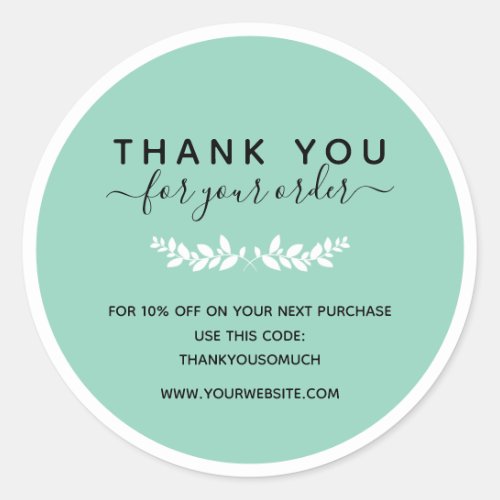 Laurel Wreath Mint Thank You For Order Classic Round Sticker