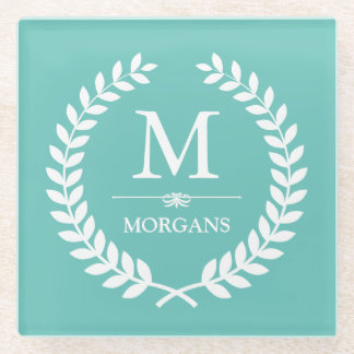 Laurel Wreath Monogram Chic Teal Blue Glass Coaster
