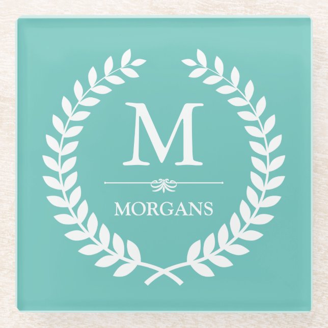 Laurel Wreath Monogram Chic Teal Blue Glass Coaster (Front)