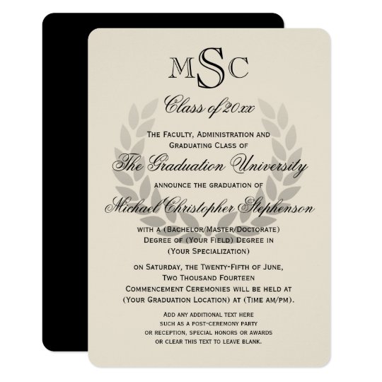 laurel wreath monogram classic college graduation invitation