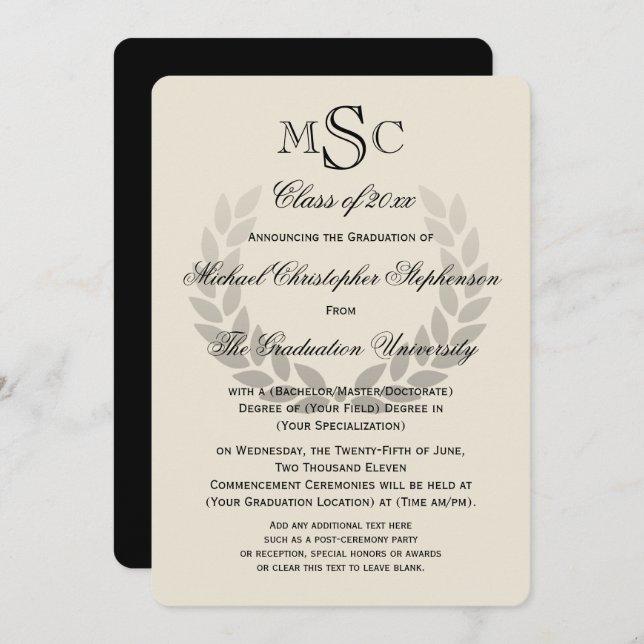 Laurel Wreath Monogram Classic College Graduation Invitation (Front/Back)