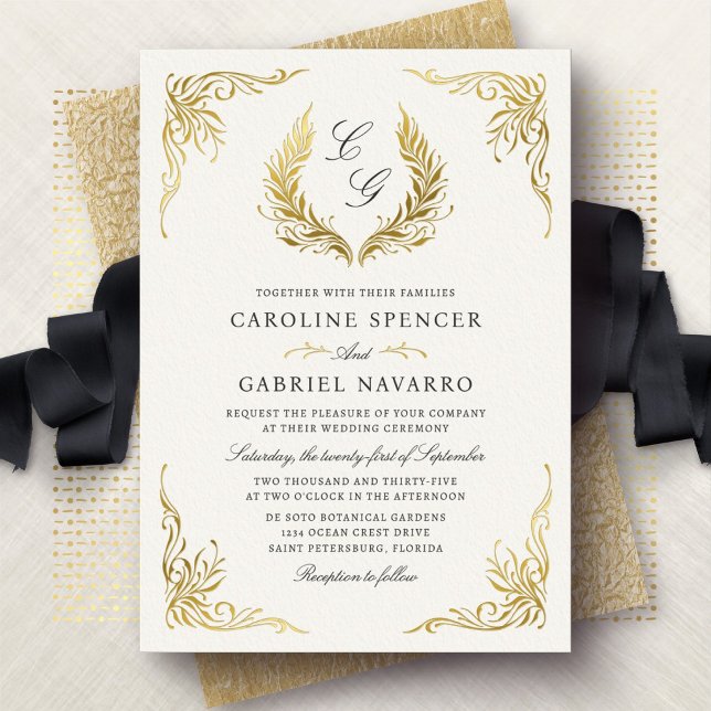 Laurel Wreath Monogram Elegant Wedding Foil Invitation (Creator Uploaded)