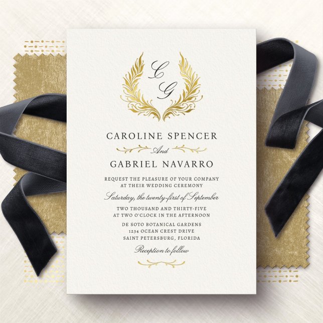 Laurel Wreath Monogram Elegant Wedding Foil Invitation (Creator Uploaded)