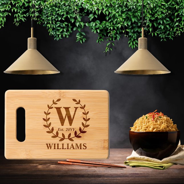 Laurel Wreath Monogram | Family Name Engraved Cutting Board (Laurel Wreath Monogram Family Name Engraved Bamboo Cutting Board)