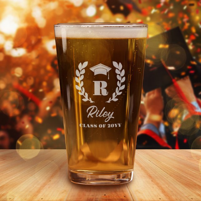 Laurel Wreath Monogram Name Class of Graduate Pint Glass (Creator Uploaded)