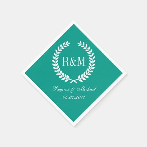 Laurel Wreath Monogram Wedding Napkin Teal Blue