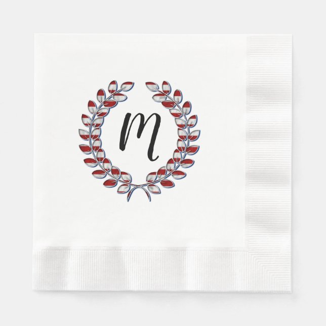 Laurel Wreath Monogrammed Red Striped Pattern Napkins (Front)