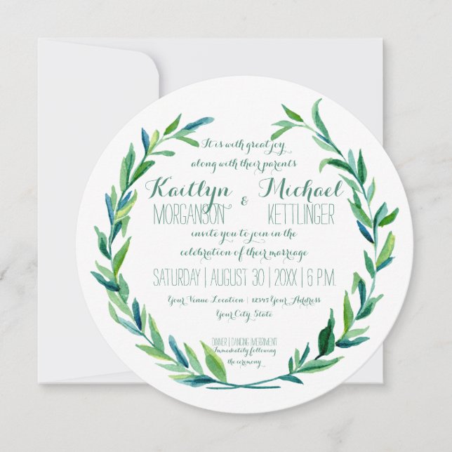 Laurel Wreath Olive Leaf Branch Modern Round Invitation (Front)