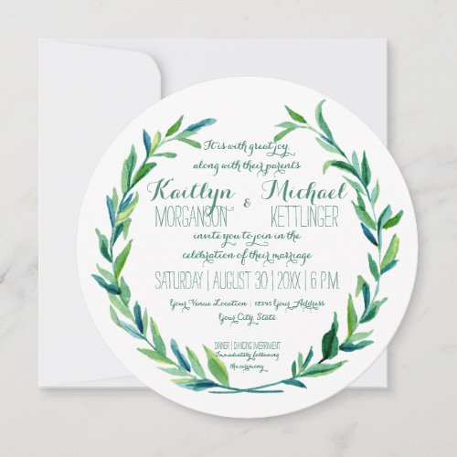 Laurel Wreath Olive Leaf Branch Modern Round Invitation