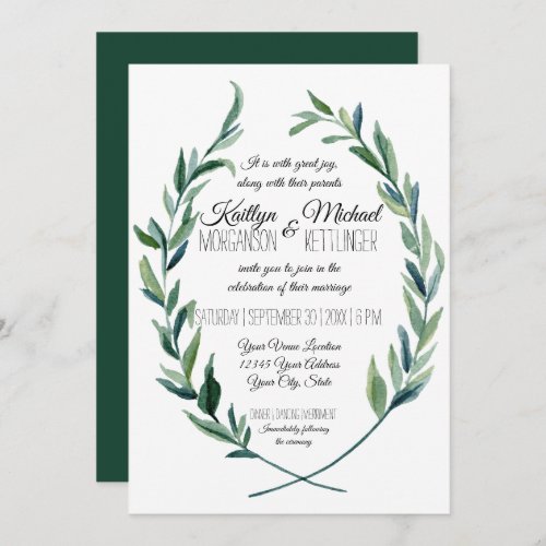 Laurel Wreath Olive Leaf Modern Emerald Green  Invitation