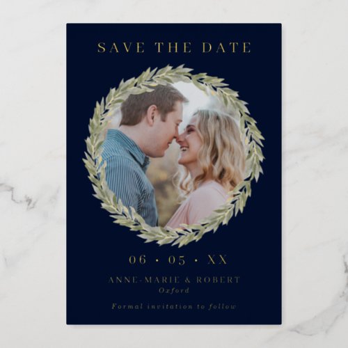 Laurel Wreath on Navy Photo Wedding Save the Date Foil Invitation