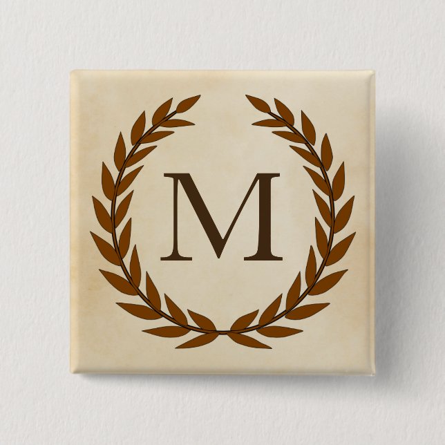 Laurel Wreath on Parchment Monogram Initial M Pinback Button (Front)