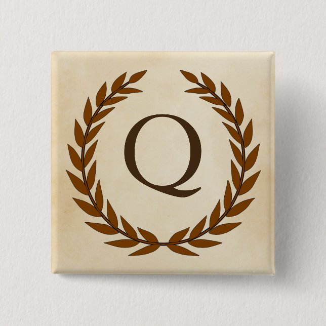Laurel Wreath on Parchment Monogram Initial Q Pinback Button (Front)