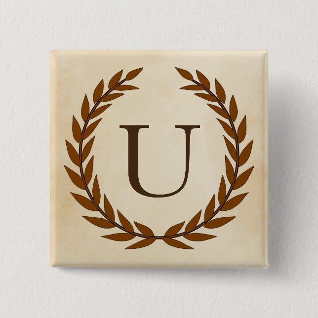 Laurel Wreath on Parchment Monogram Initial U Pinback Button (Front)