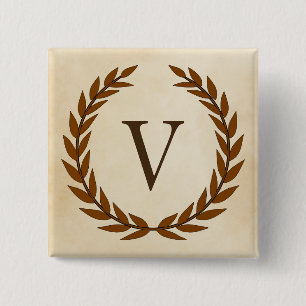 Laurel Wreath on Parchment Monogram Initial V Pinback Button
