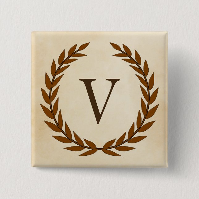 Laurel Wreath on Parchment Monogram Initial V Pinback Button (Front)
