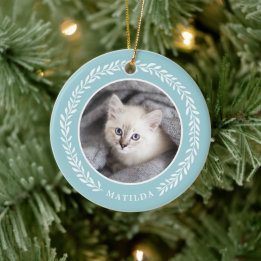 Laurel Wreath Pet Photo Christmas Ornament | Blue