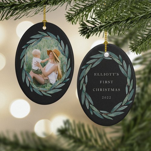 Laurel Wreath  Photo  Caption Christmas Ceramic Ornament