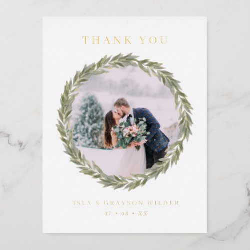 Laurel Wreath Photo Wedding Thank You Gold Foil Invitation Postcard