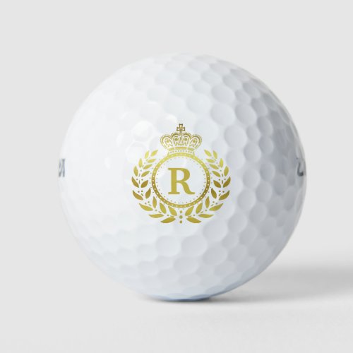 Laurel Wreath Royal Crown Faux Gold Monogram Golf Balls