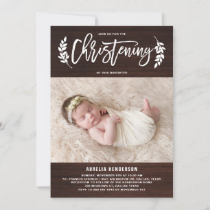 Laurel Wreath Rustic Wood Photo Christening Invitation