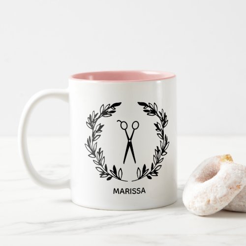 Laurel Wreath Scissors Hair Stylist Add Name Two_Tone Coffee Mug