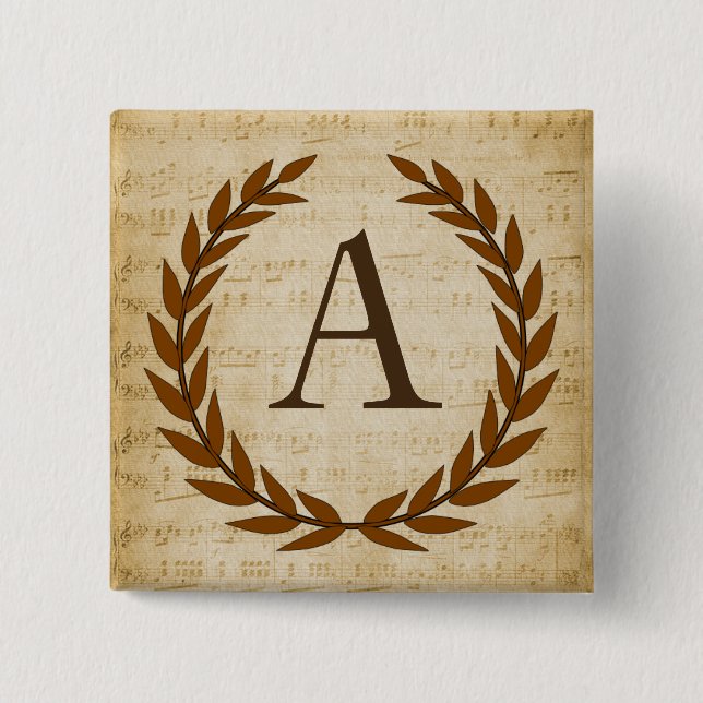 Laurel Wreath Sheet Music Monogram Initial A Button (Front)