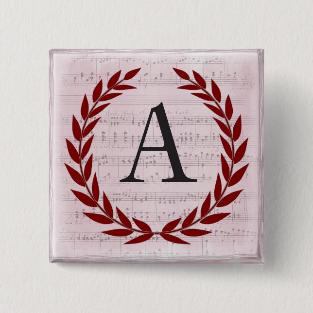 Laurel Wreath Sheet Music Monogram Initial A Button (Front)