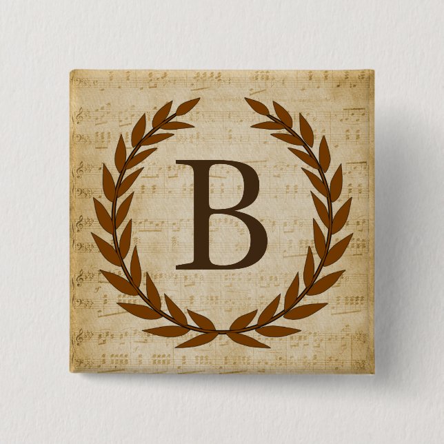 Laurel Wreath Sheet Music Monogram Initial B Button (Front)