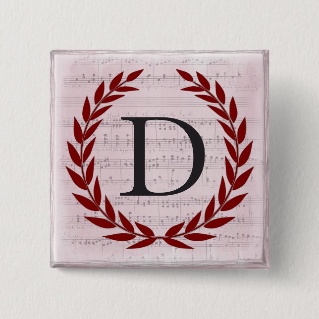 Laurel Wreath Sheet Music Monogram Initial D Button (Front)