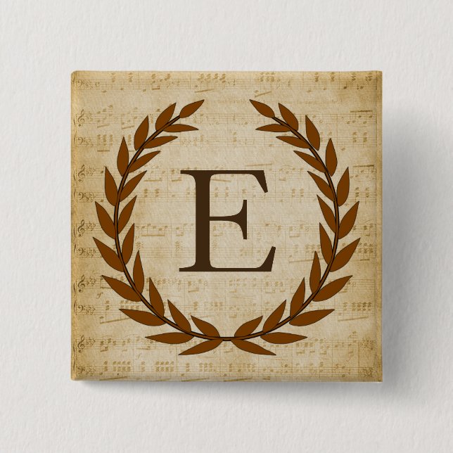 Laurel Wreath Sheet Music Monogram Initial E Button (Front)