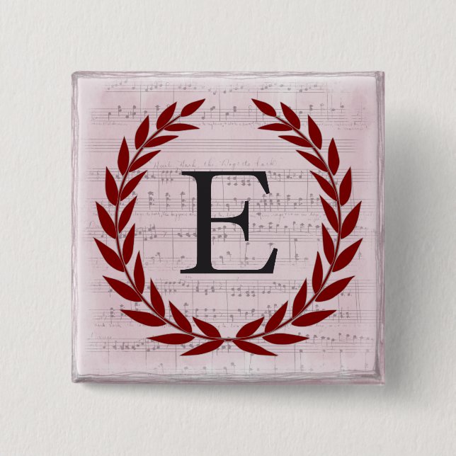 Laurel Wreath Sheet Music Monogram Initial E Button (Front)